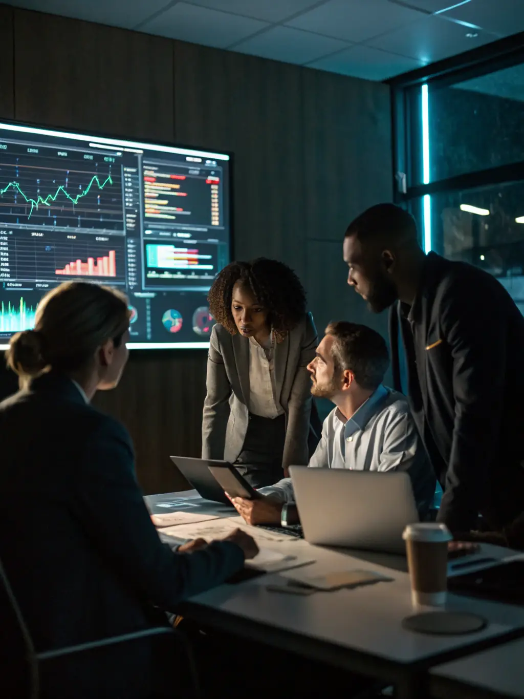 A graphic showing a team of data scientists collaborating on a data analysis project, highlighting the importance of data-driven decision-making.