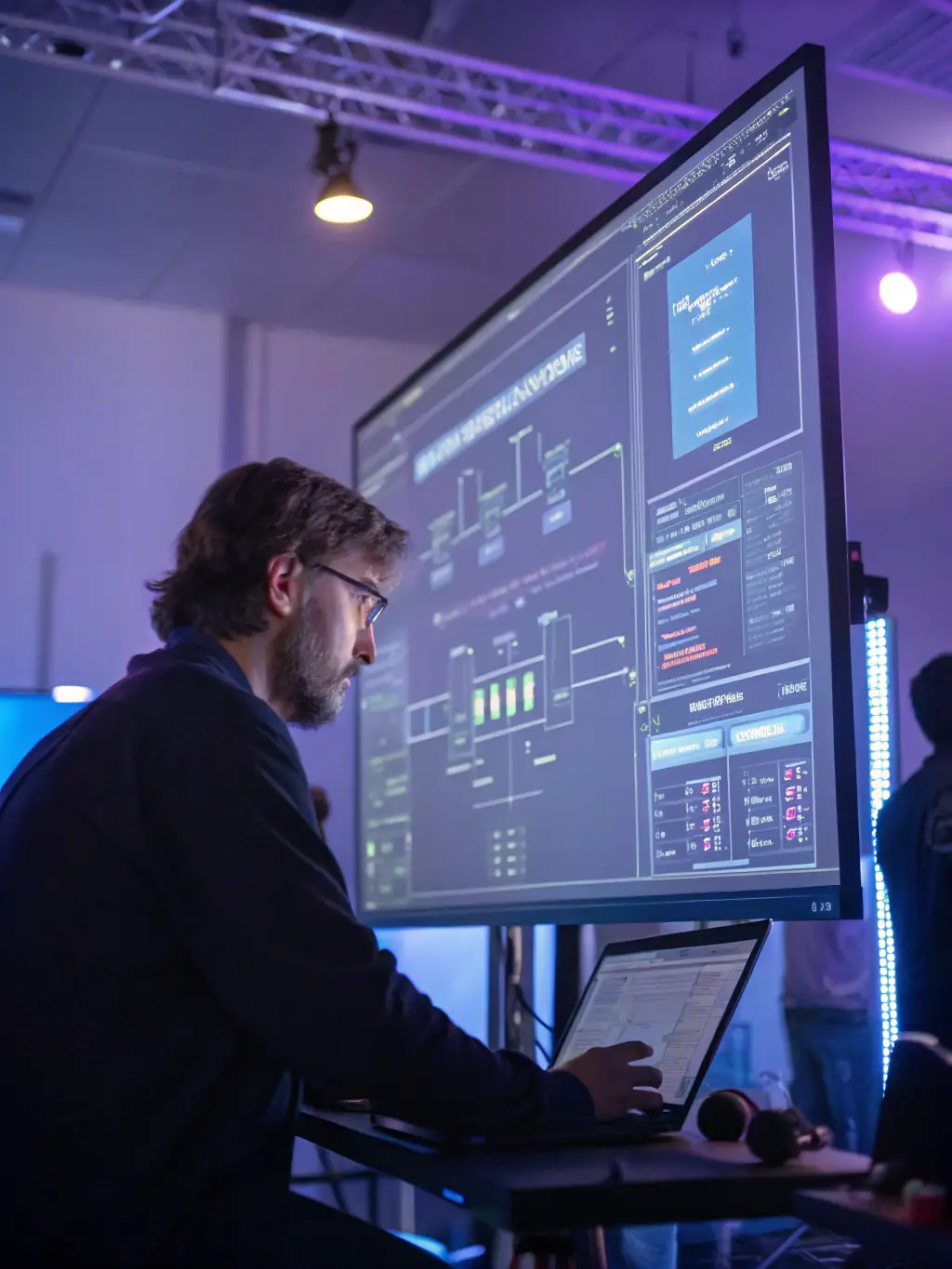 A professional photo of a data architect designing a modern ETL pipeline on a large screen, showcasing the planning phase of ETL/ELT Pipeline Modernization.